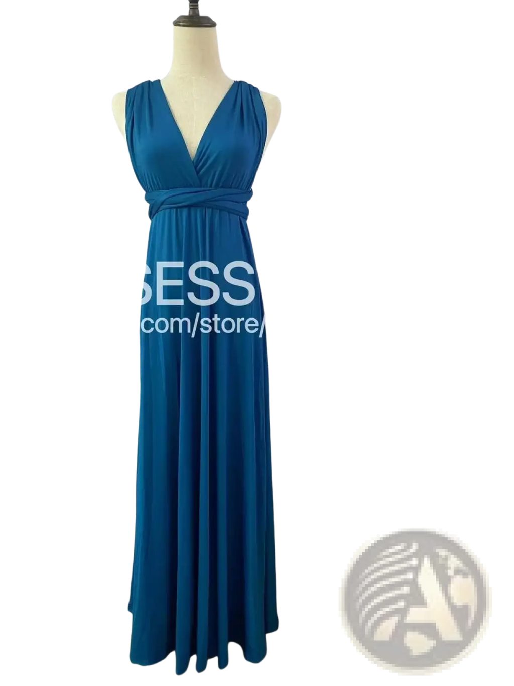 A flowing royal blue sleeveless maxi dress with deep v-neckline and cinched waistband on a mannequin for bridesmaids