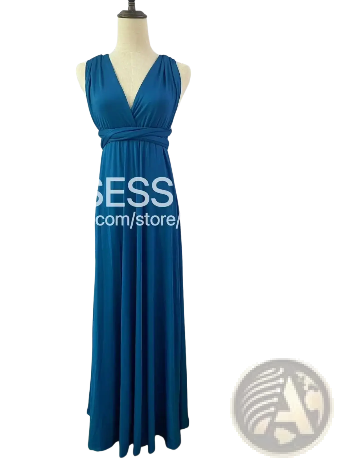 A flowing royal blue sleeveless maxi dress with deep v-neckline and cinched waistband on a mannequin for bridesmaids