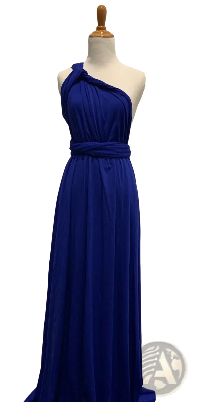 A flowing royal blue one-shoulder maxi dress with a draped bodice and cinched waistband for bridesmaids