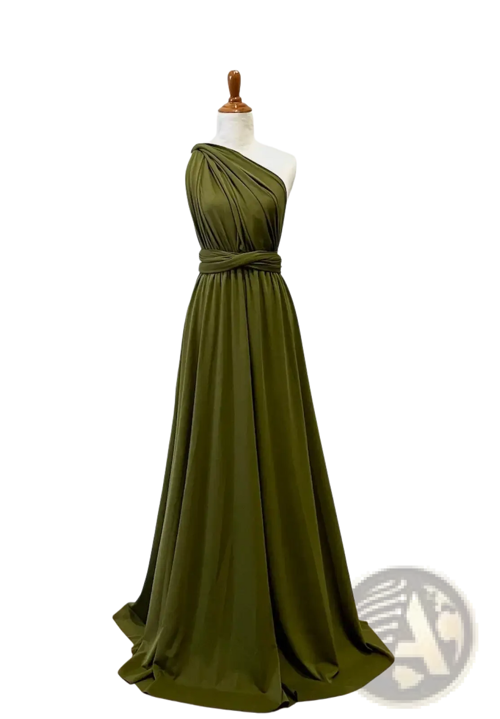 Olive green one-shoulder floor-length gown with draped bodice and tied waistband for bridesmaids