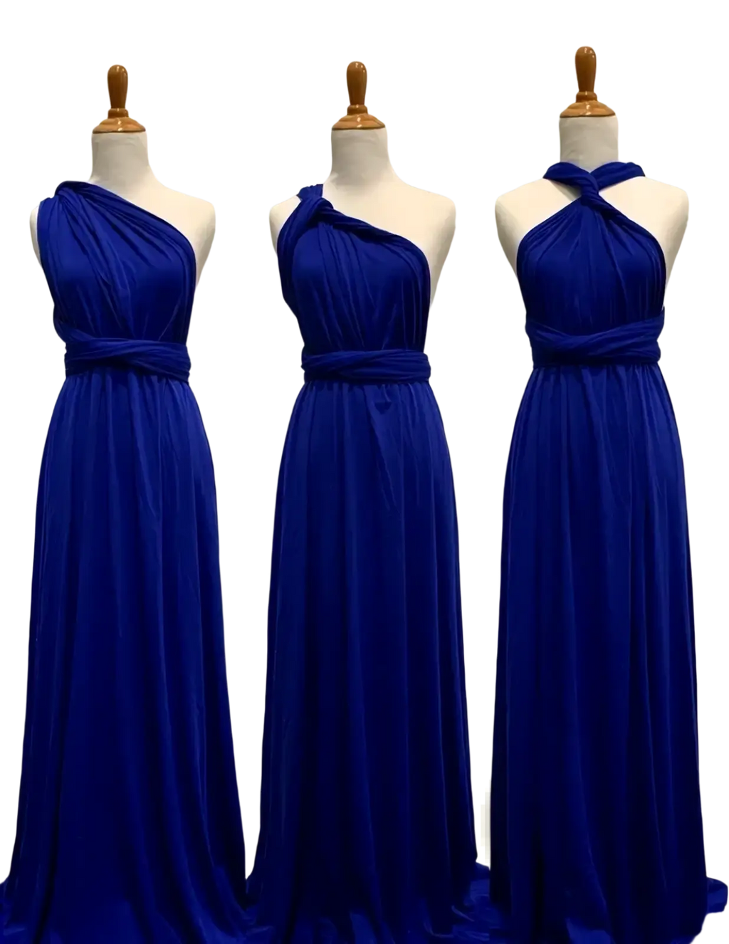 Three royal blue one-shoulder floor-length dresses displayed on mannequins for elegant bridesmaid wear