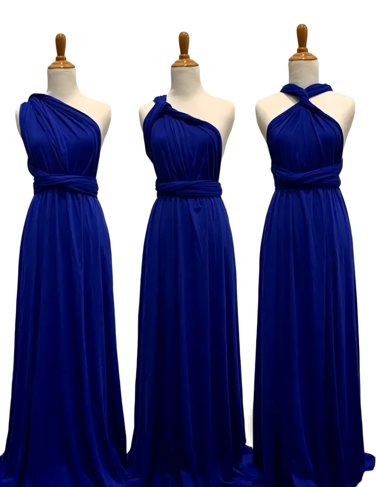Three royal blue one-shoulder floor-length dresses displayed on mannequins for elegant bridesmaid wear