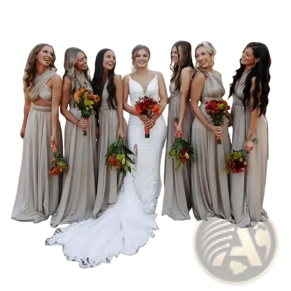 White lace wedding gown with flowing train shown from the back alongside olive green infinity bridesmaid dress