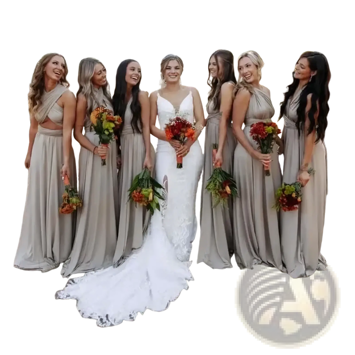 White lace wedding gown with flowing train shown from the back alongside olive green infinity bridesmaid dress