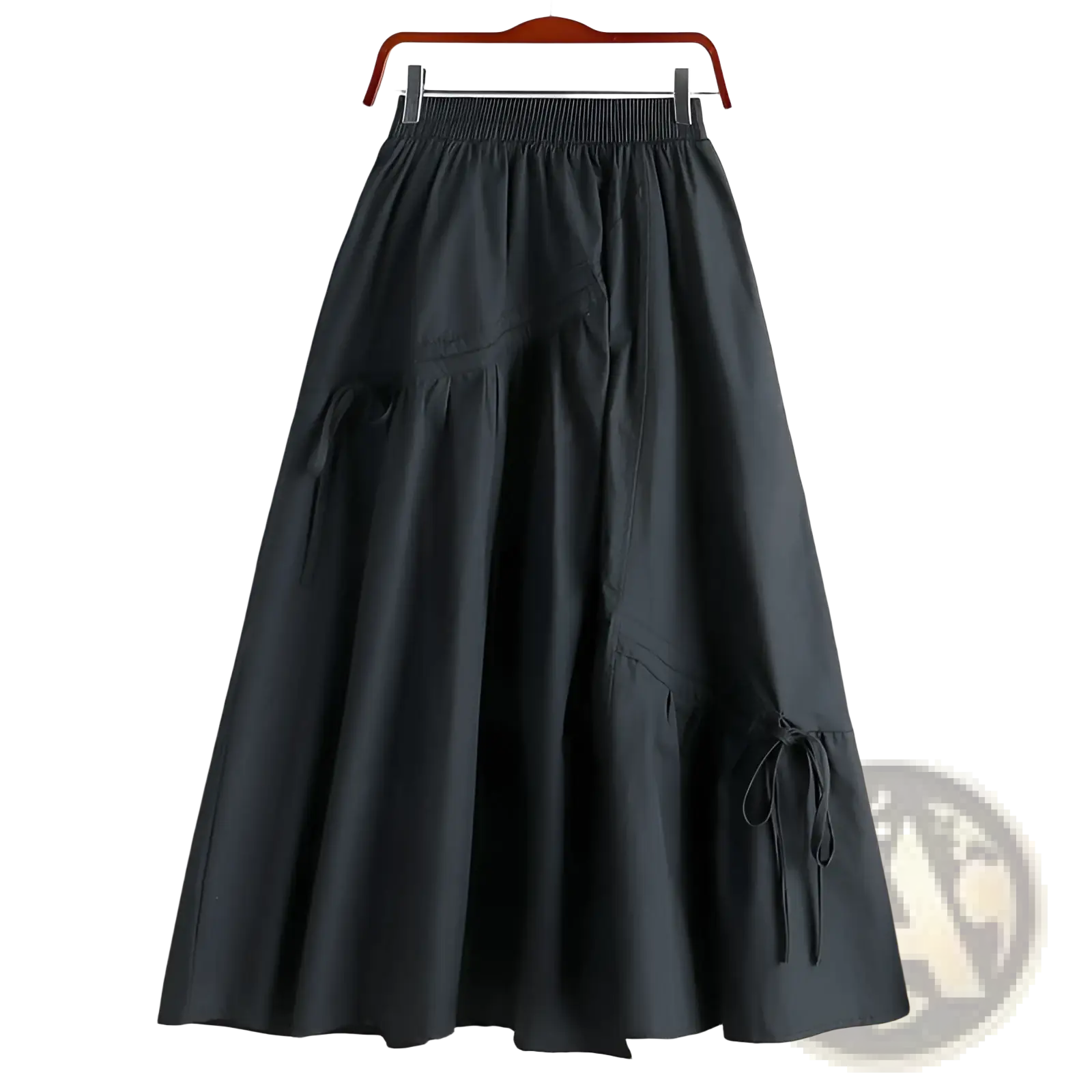 Black high-waisted a-line skirt with elastic waistband and side tie details for a stylish casual look