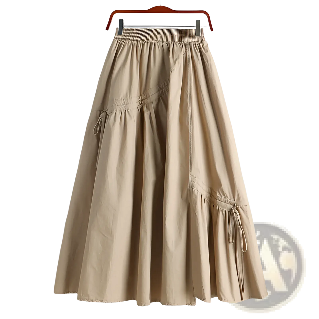 Beige high waisted a line skirt with elastic waistband and side drawstring details in olive green style