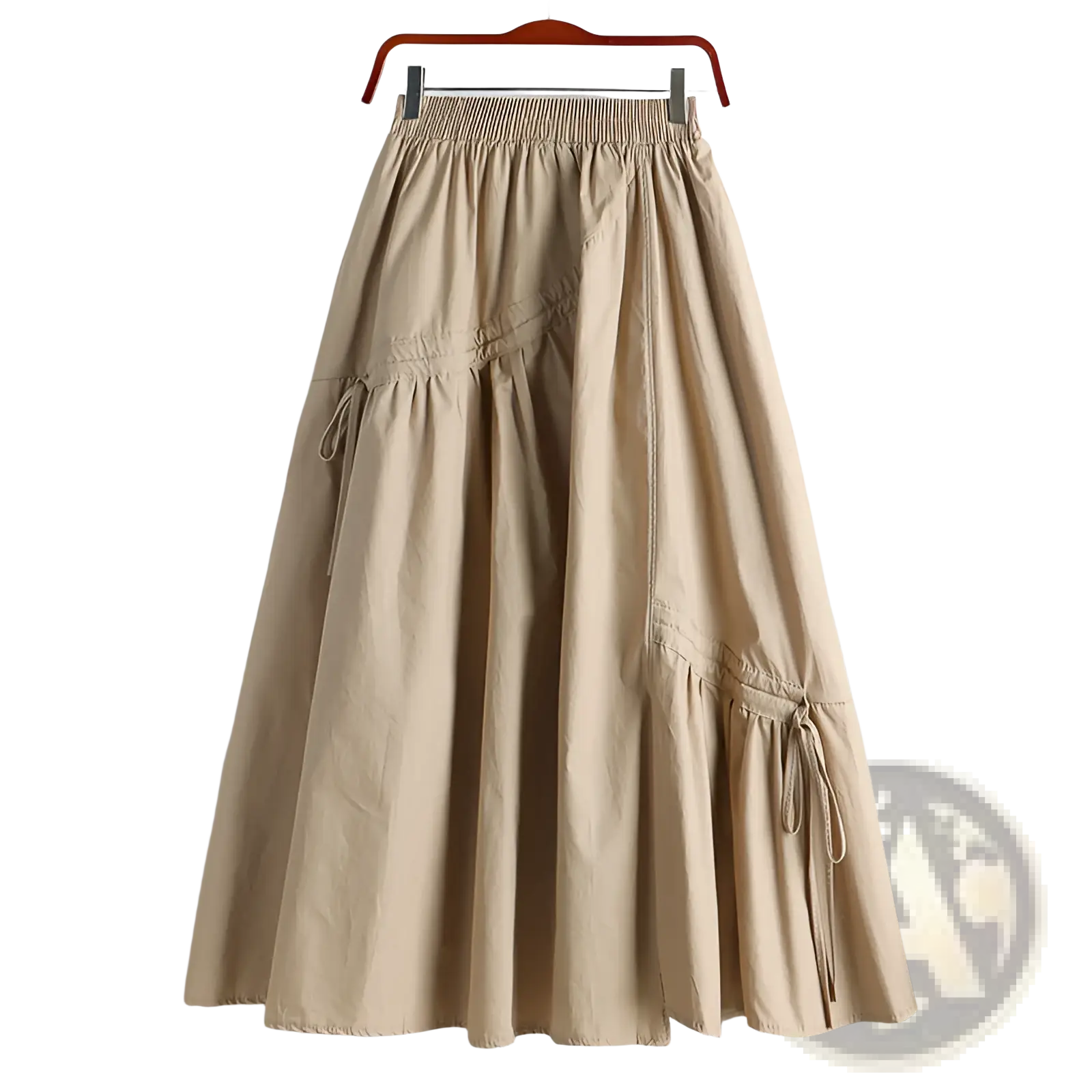Beige high waisted a line skirt with elastic waistband and side drawstring details in olive green style