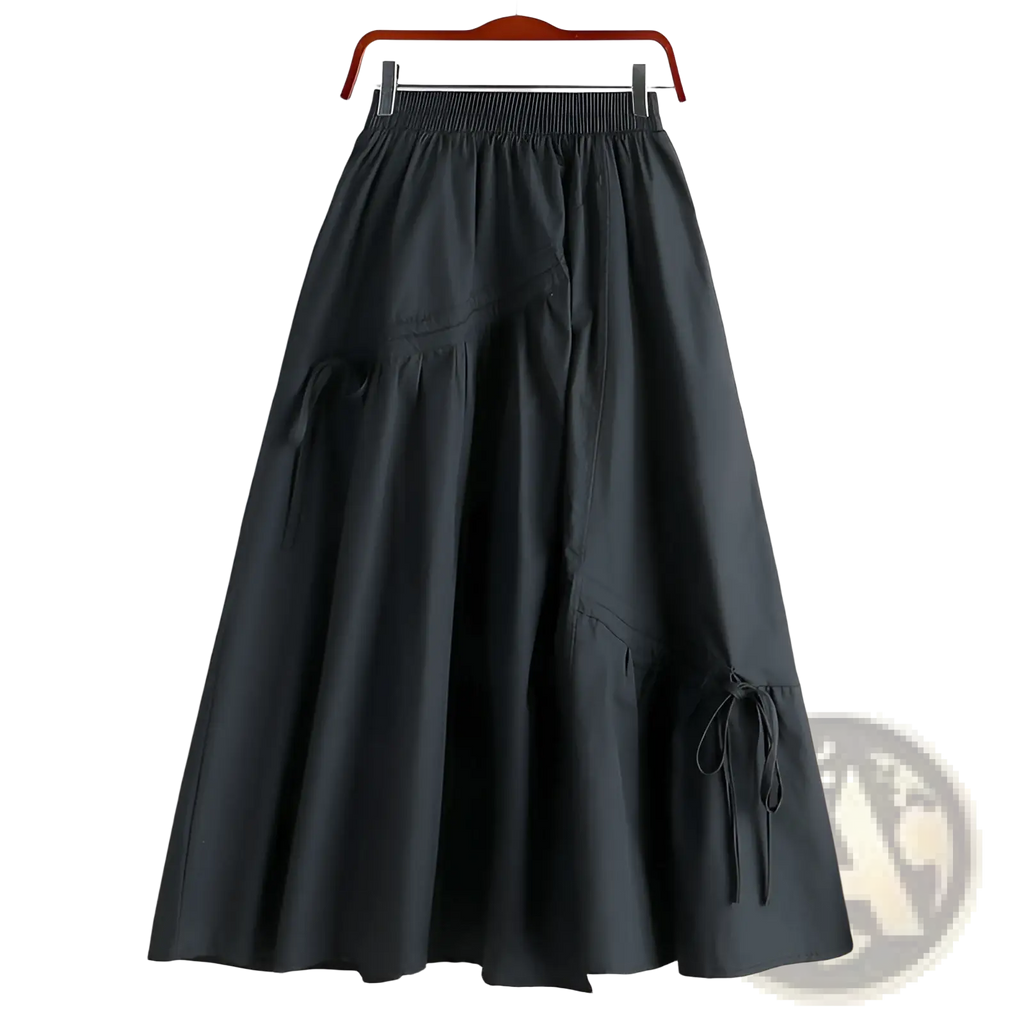 Black high-waisted a-line skirt with elastic waistband and side tie details contrasting olive green drawstring skirt