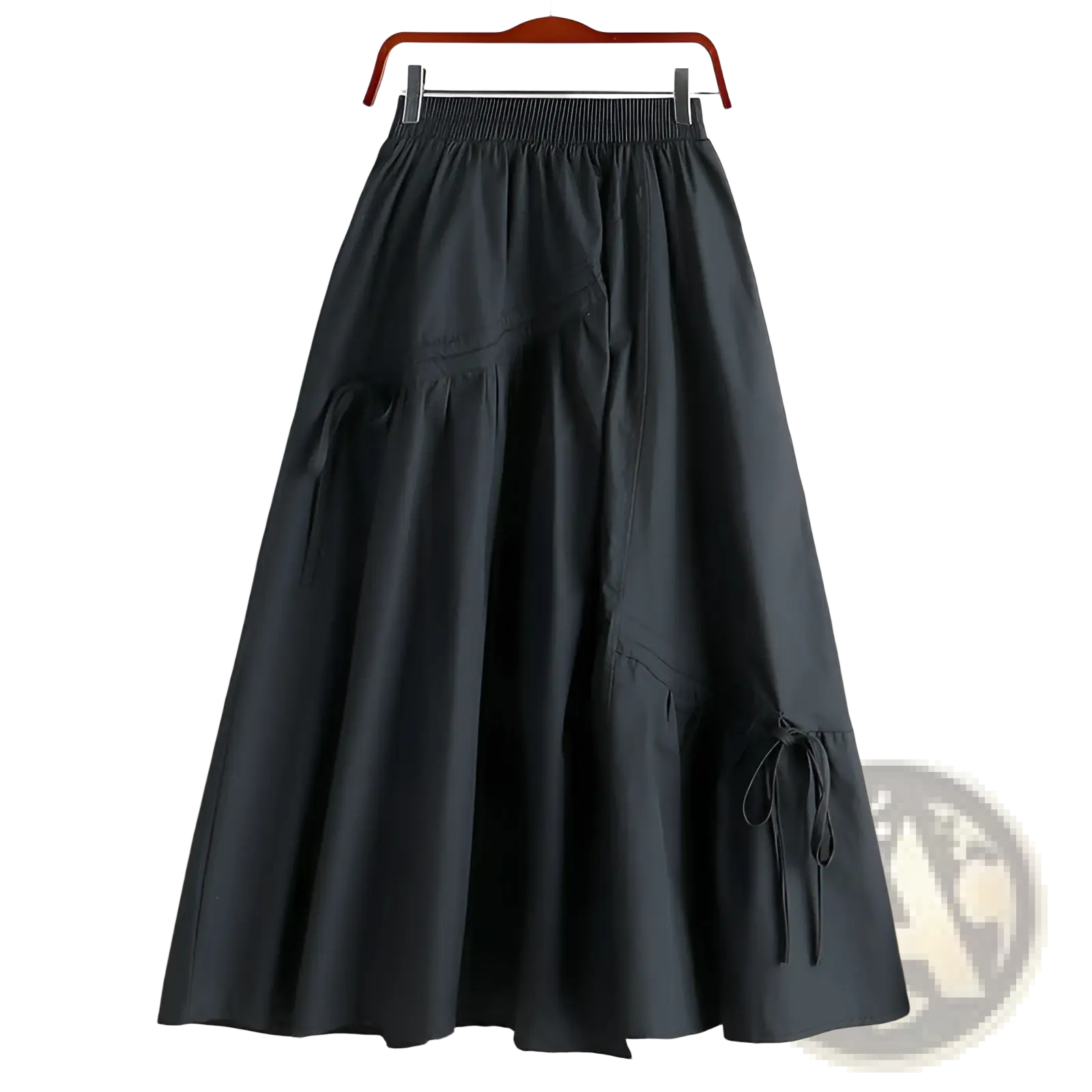 Black high-waisted a-line skirt with elastic waistband and side tie details contrasting olive green drawstring skirt