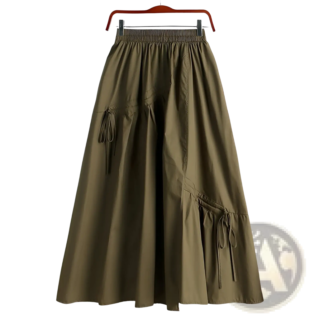 Olive green a-line skirt with elastic waistband side pockets and drawstring ties in lightweight fabric for casual wear