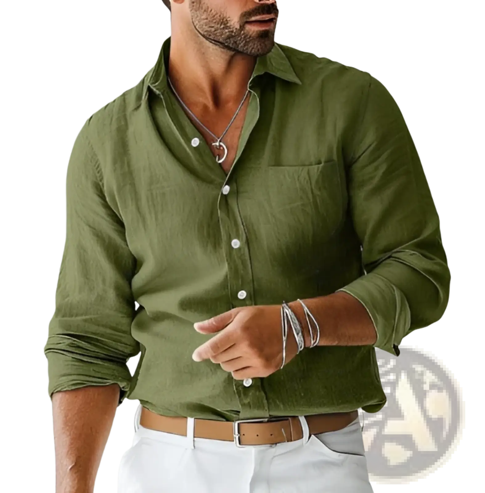 Olive green linen men’s casual shirt with button-down front, rolled sleeves, and a chest pocket
