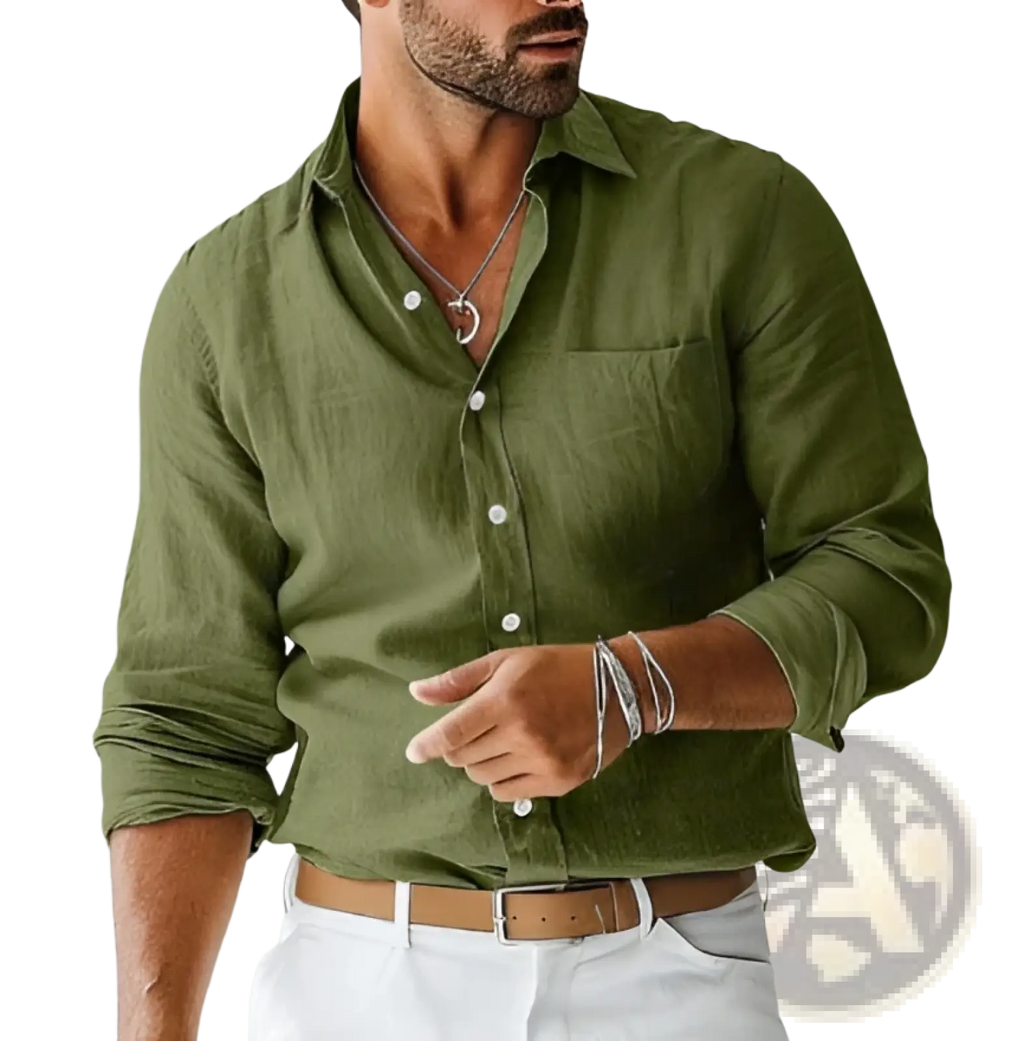 Olive green linen men’s casual button-down shirt with rolled sleeves and chest pocket