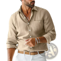 Beige linen button-down shirt with subtle texture and white buttons featured in olive green linen mens casual shirt product