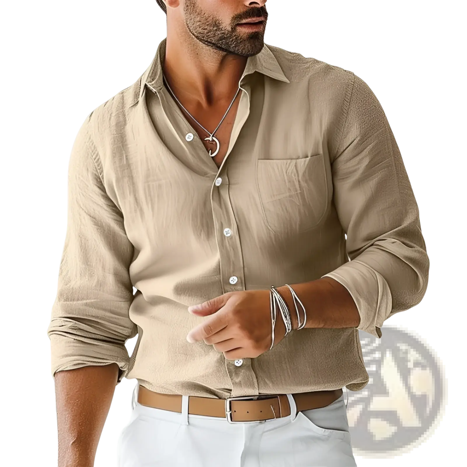 Beige linen button-down shirt with subtle texture and white buttons featured in olive green linen mens casual shirt product