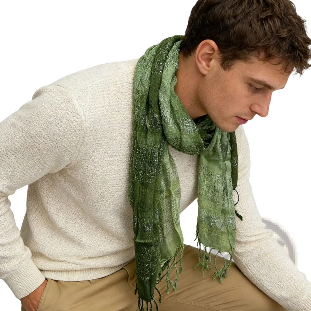 A soft textured olive green metallic shimmer scarf with subtle patterns and fringed edges for stylish wear