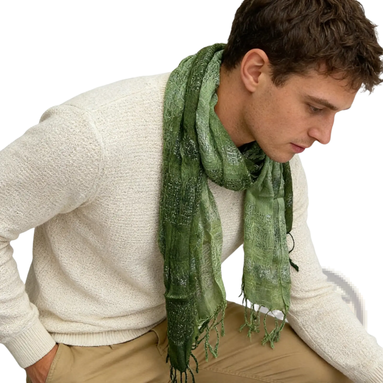 A soft textured olive green metallic shimmer scarf with subtle patterns and fringed edges for stylish wear