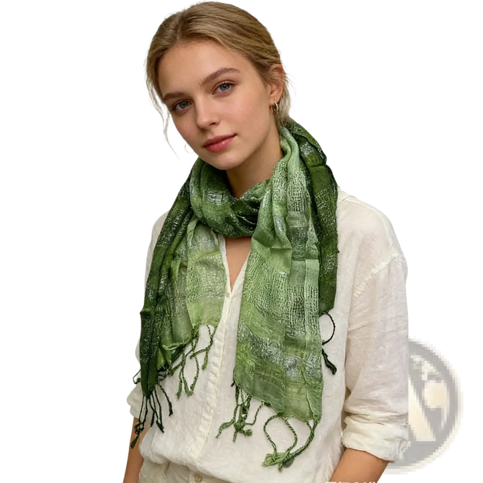 A soft olive green metallic shimmer scarf with a subtle textured pattern and fringed edges