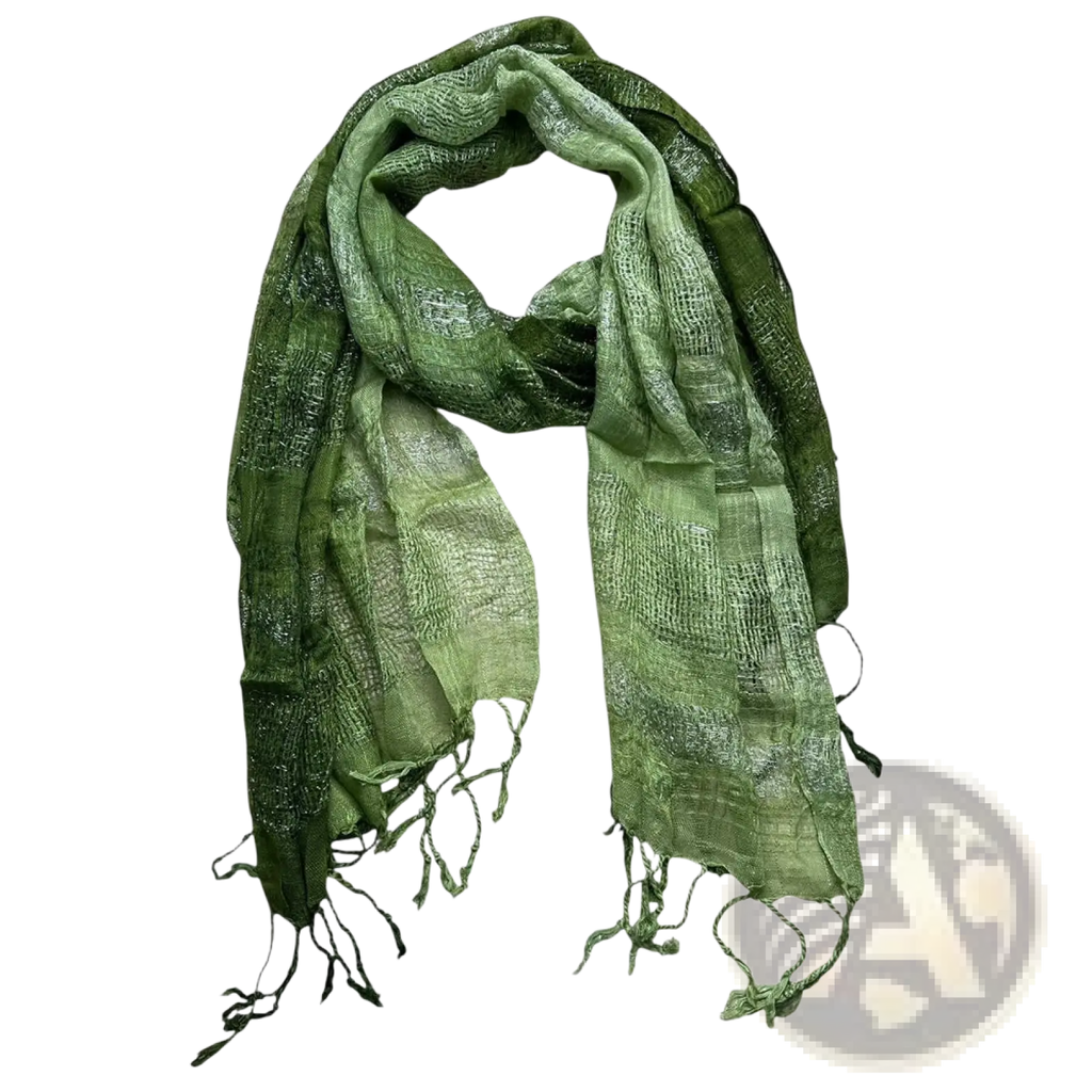 A soft olive green metallic shimmer scarf with subtle textured pattern and delicate fringed edges