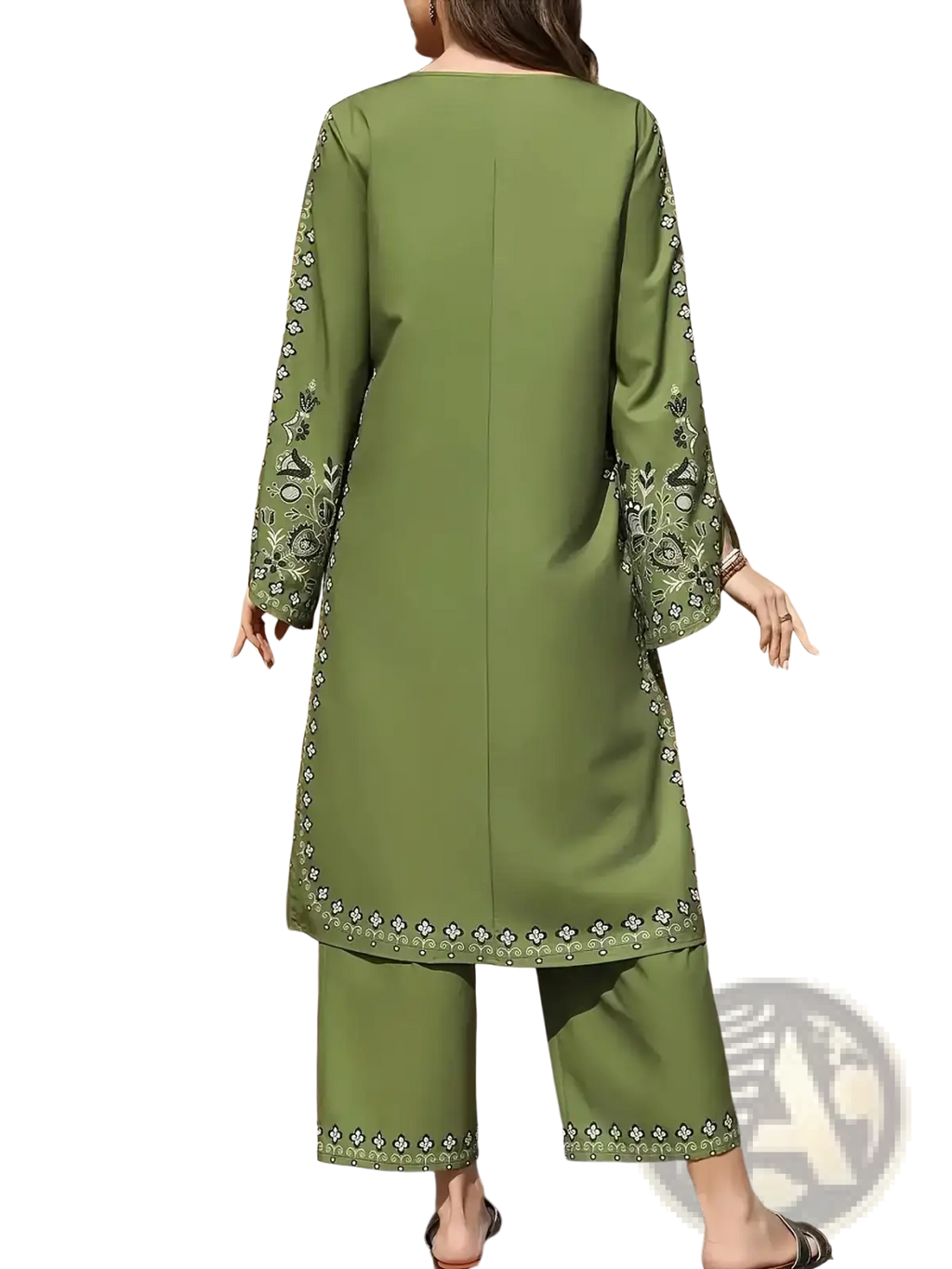 Olive green embroidered long-sleeved Muslim salwar suit set with tunic and matching wide-leg pants in cotton blend