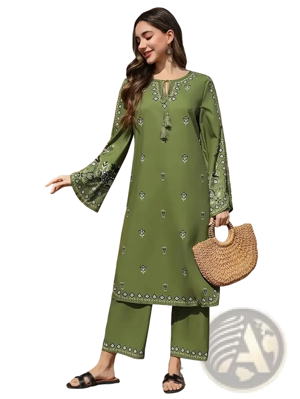 Olive green muslim salwar suit set with embroidered tunic featuring bell sleeves and matching cropped pants