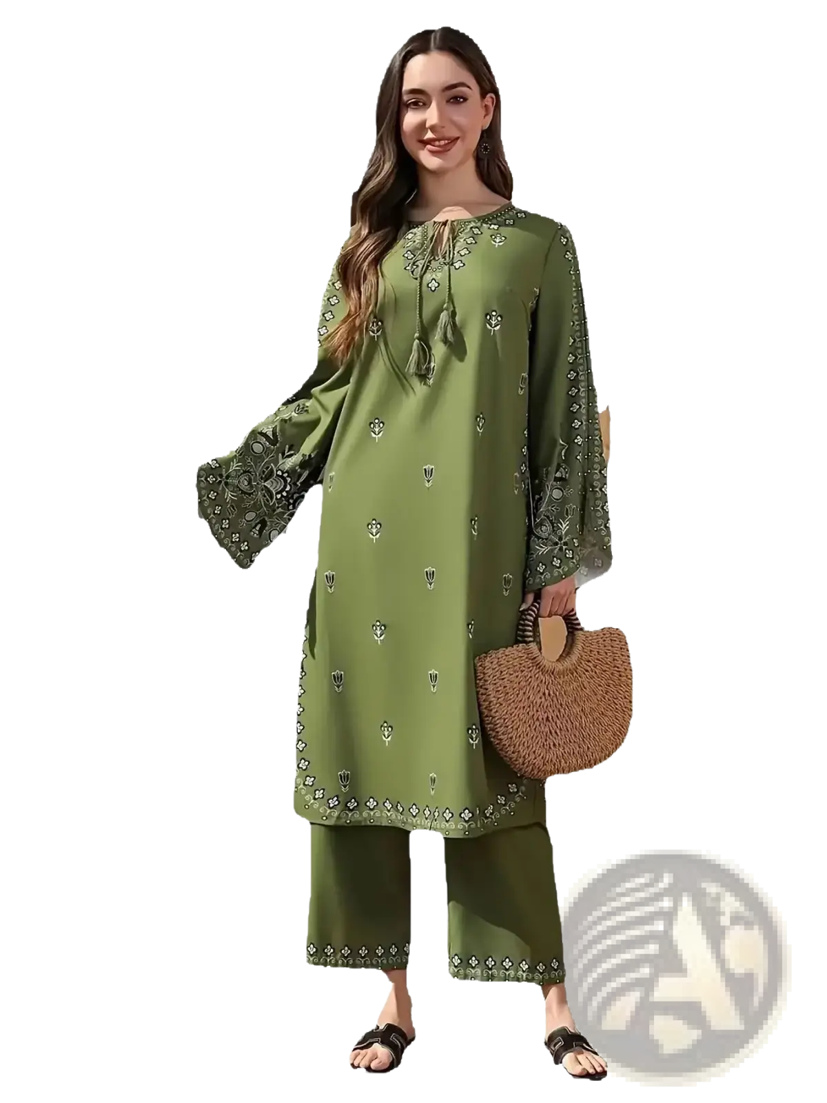 Olive green Muslim salwar suit set featuring an embroidered tunic with bell sleeves and matching pants