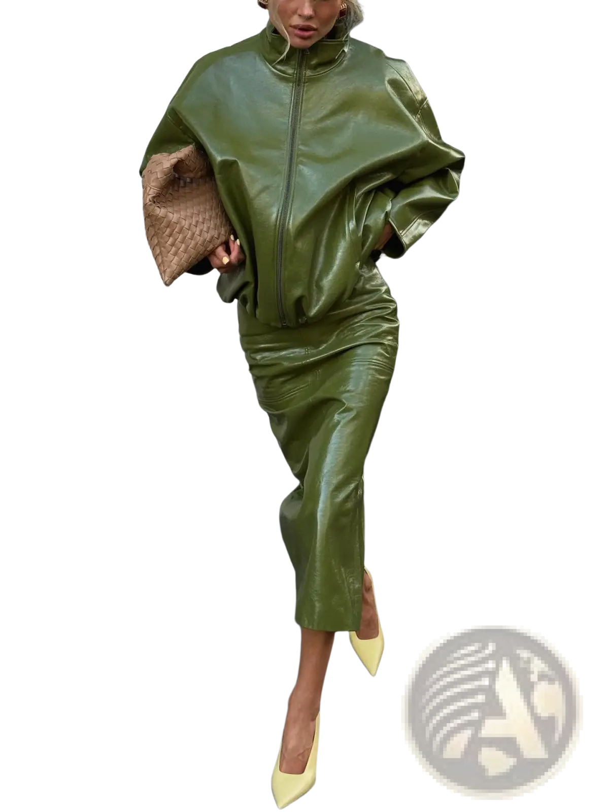 Olive green patent leather jacket and midi skirt set featuring a zip-up jacket and matching skirt in glossy finish