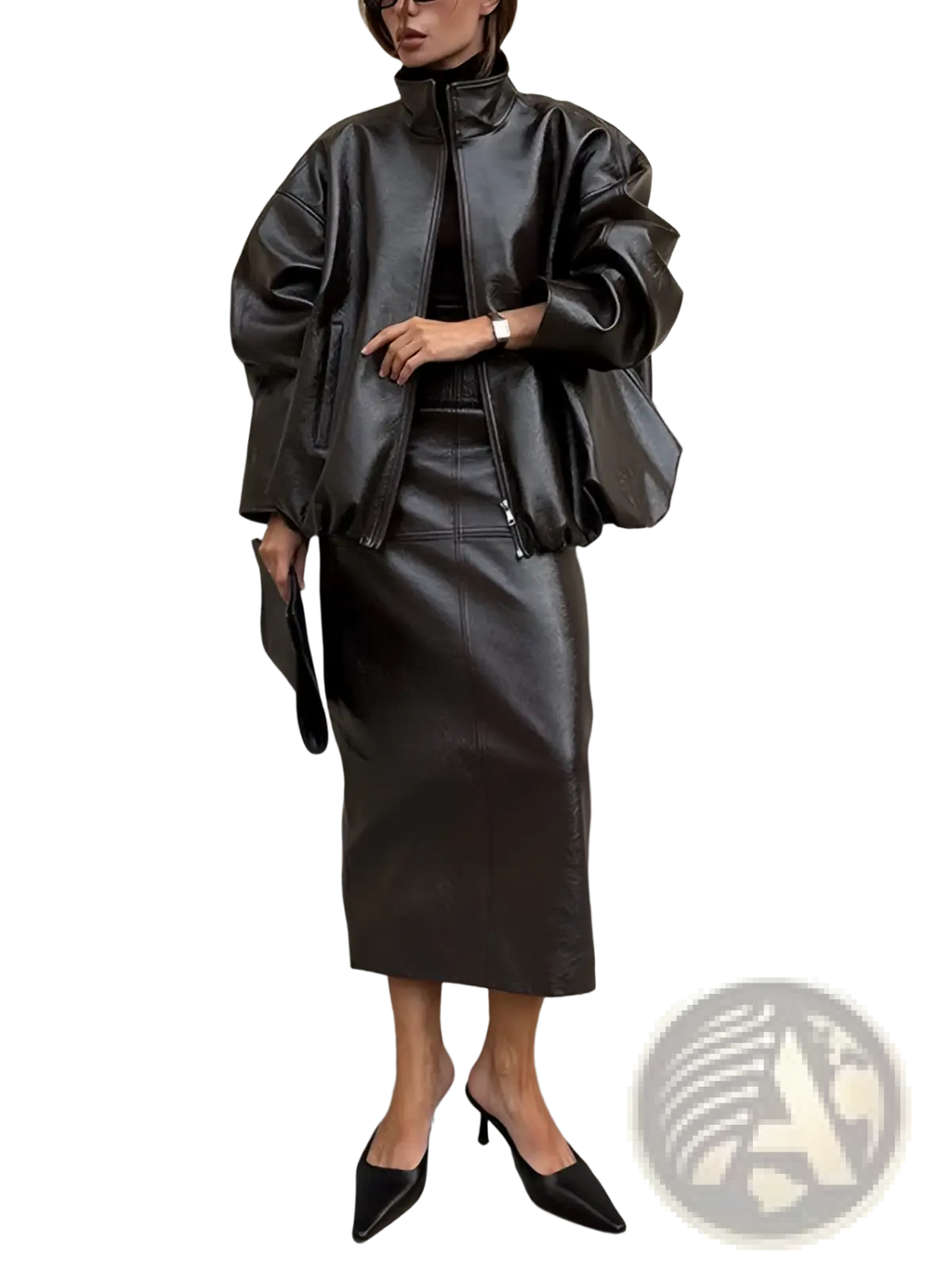 Black faux leather bomber jacket with puffed sleeves and high collar displayed with olive green patent leather set