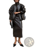 Black faux leather bomber jacket with puffed sleeves and high collar displayed with olive green patent leather set