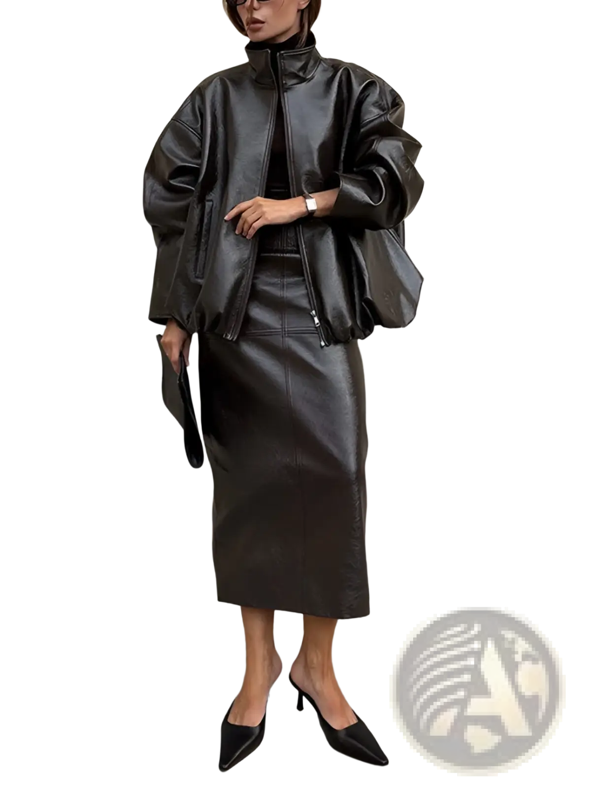 Black faux leather bomber jacket with puffed sleeves and high collar displayed with olive green patent leather set