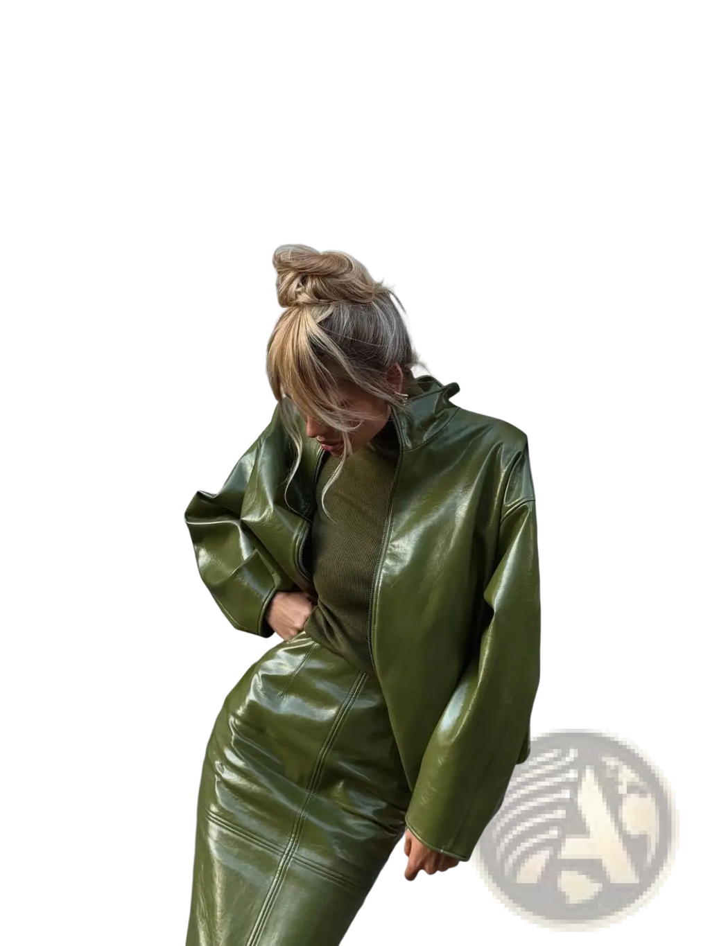 Olive green patent leather jacket with high collar and long sleeves from a midi skirt set shown from the back