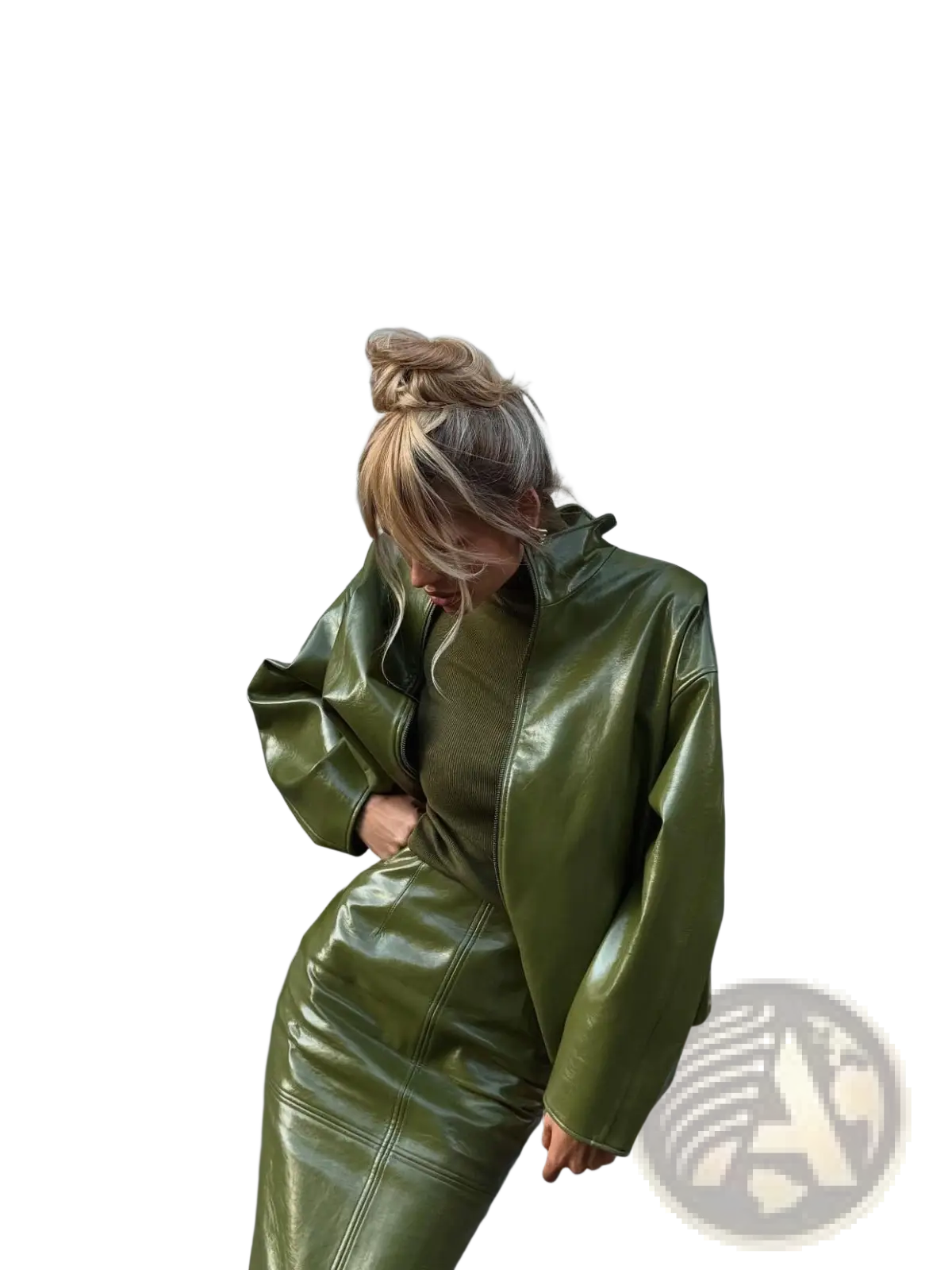 Olive green patent leather jacket with high collar and long sleeves from a midi skirt set shown from the back