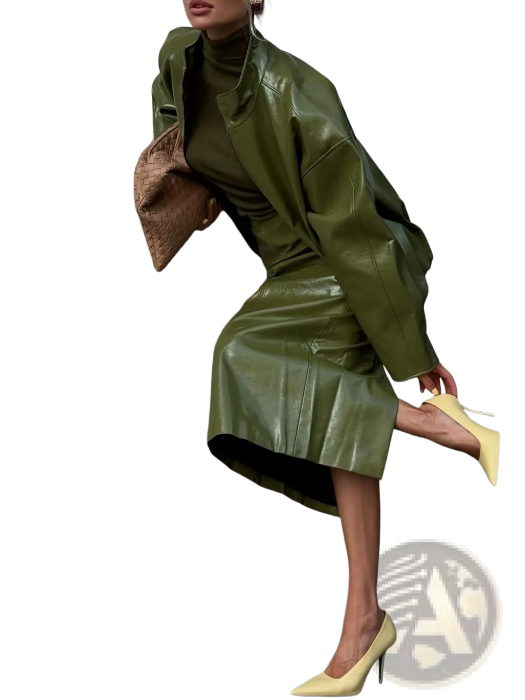 Olive green patent leather midi skirt with high neckline and flared sleeves from jacket and skirt set