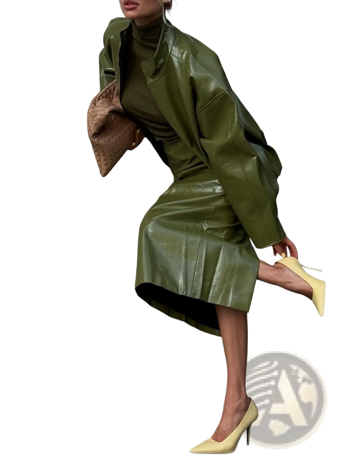 Olive green patent leather midi skirt with high neckline and flared sleeves from jacket and skirt set