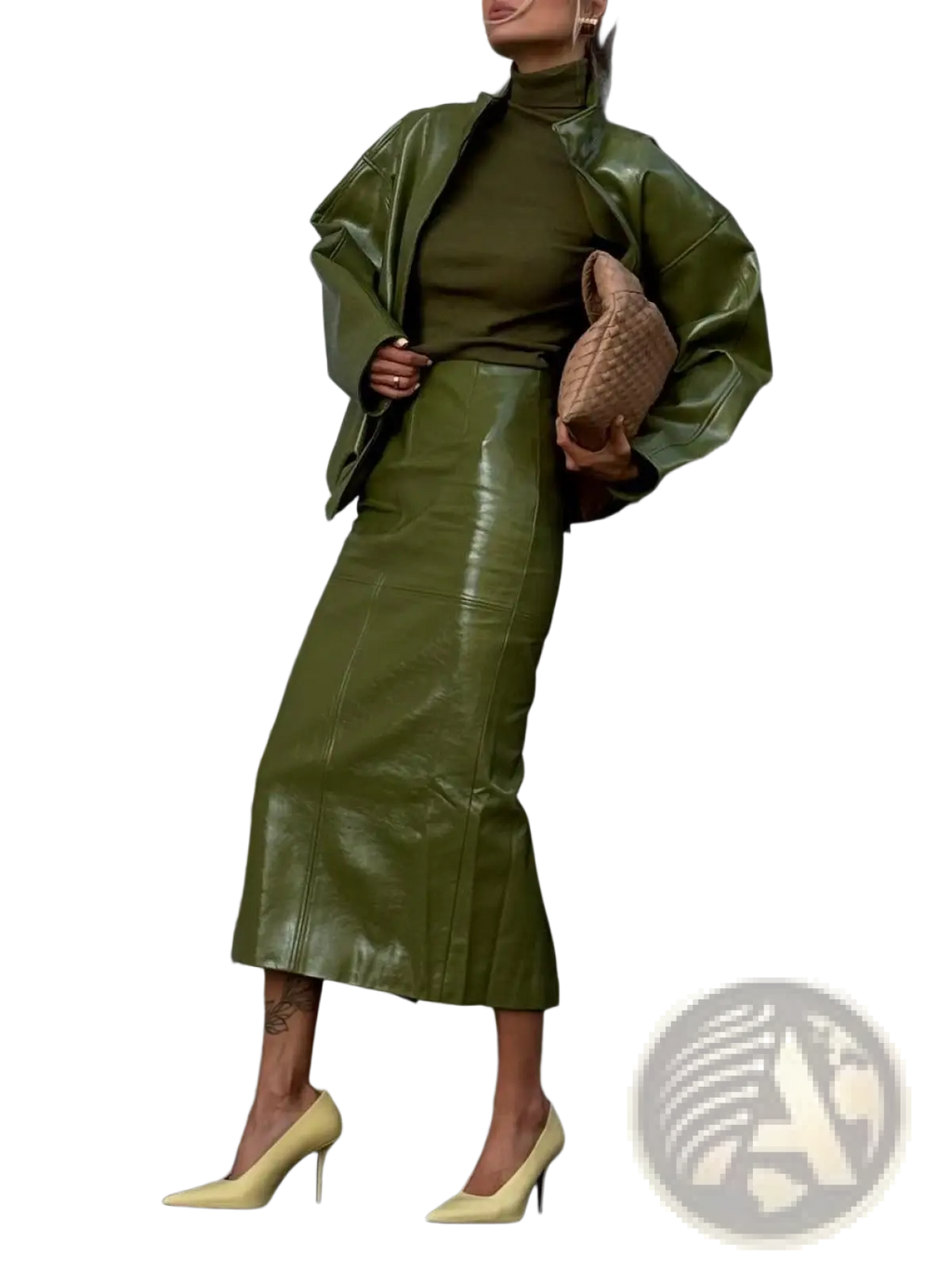 Olive green patent leather midi skirt with a sleek glossy finish and subtle seam detailing from jacket and skirt set