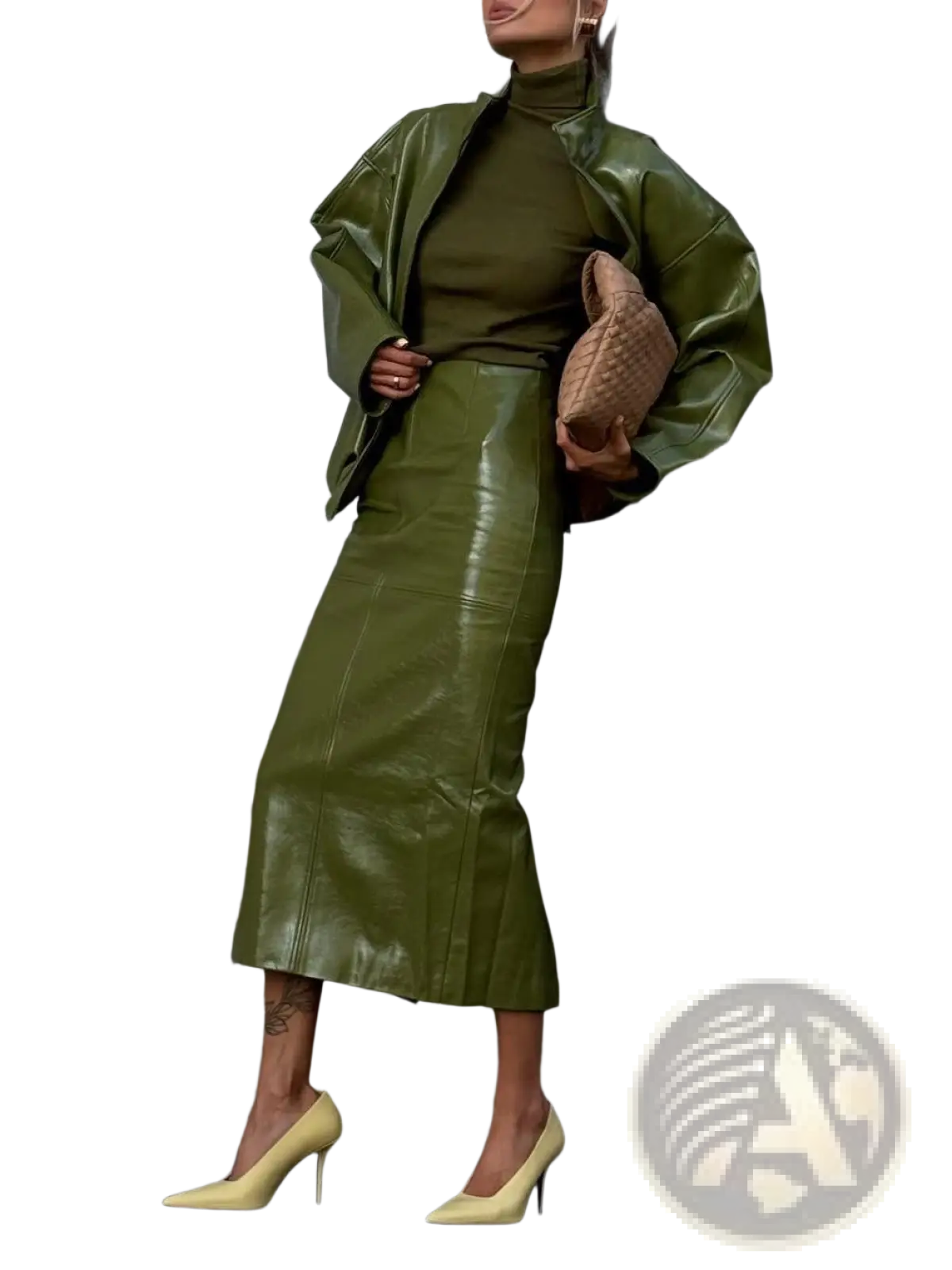 Olive green patent leather midi skirt with a sleek glossy finish and subtle seam detailing from jacket and skirt set