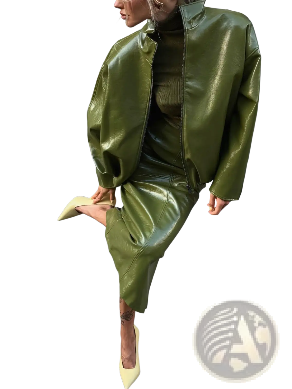 Olive green patent leather bomber jacket with high collar and front zipper from midi skirt set displayed front view