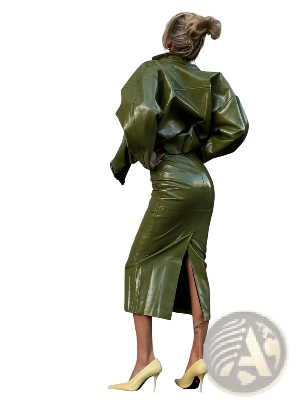 Olive green patent leather cropped jacket and matching midi skirt set showcasing sleek material and stylish design