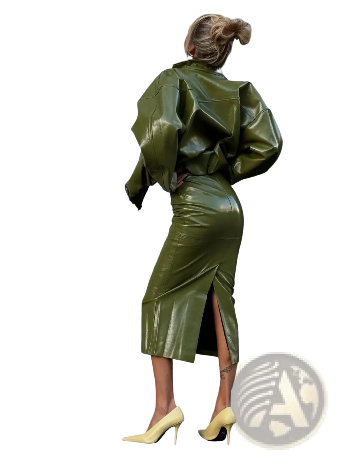 Olive green patent leather cropped jacket and matching midi skirt set showcasing sleek material and stylish design
