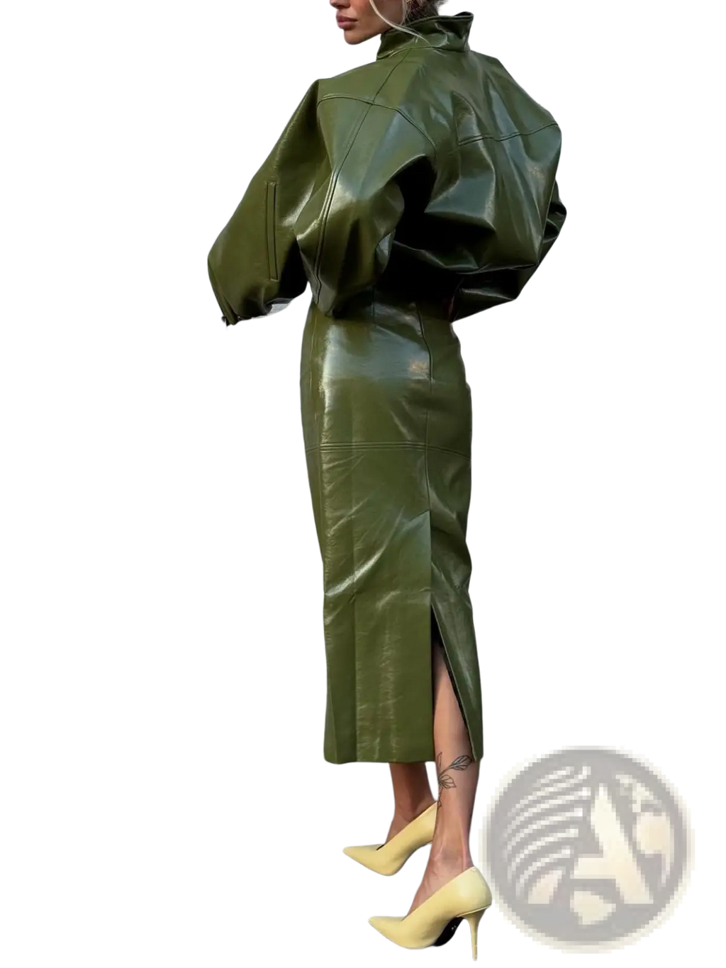 Olive green patent leather cropped jacket with exaggerated puffed sleeves and matching high-waisted midi skirt set
