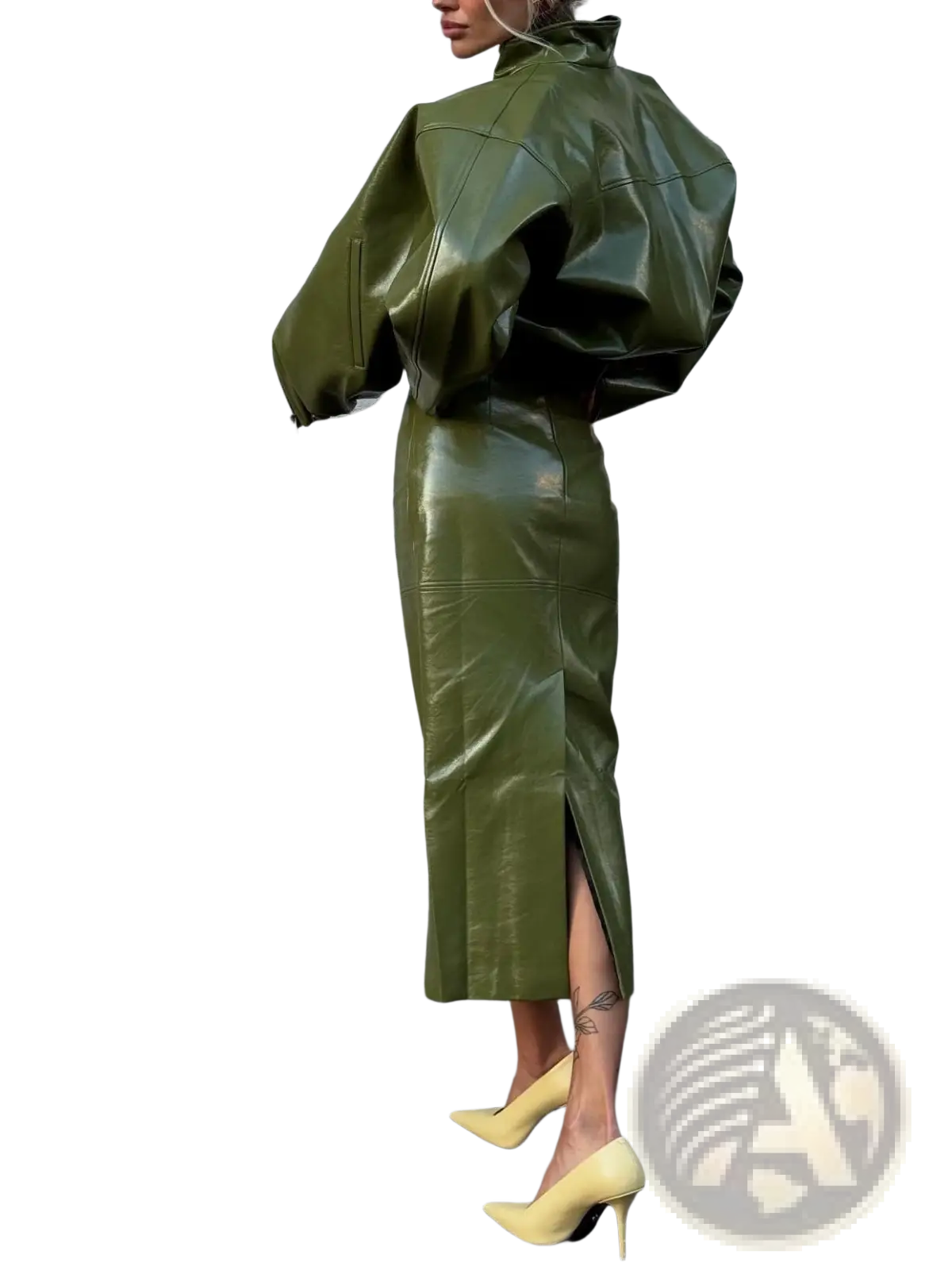Olive green patent leather cropped jacket with exaggerated puffed sleeves and matching high-waisted midi skirt set