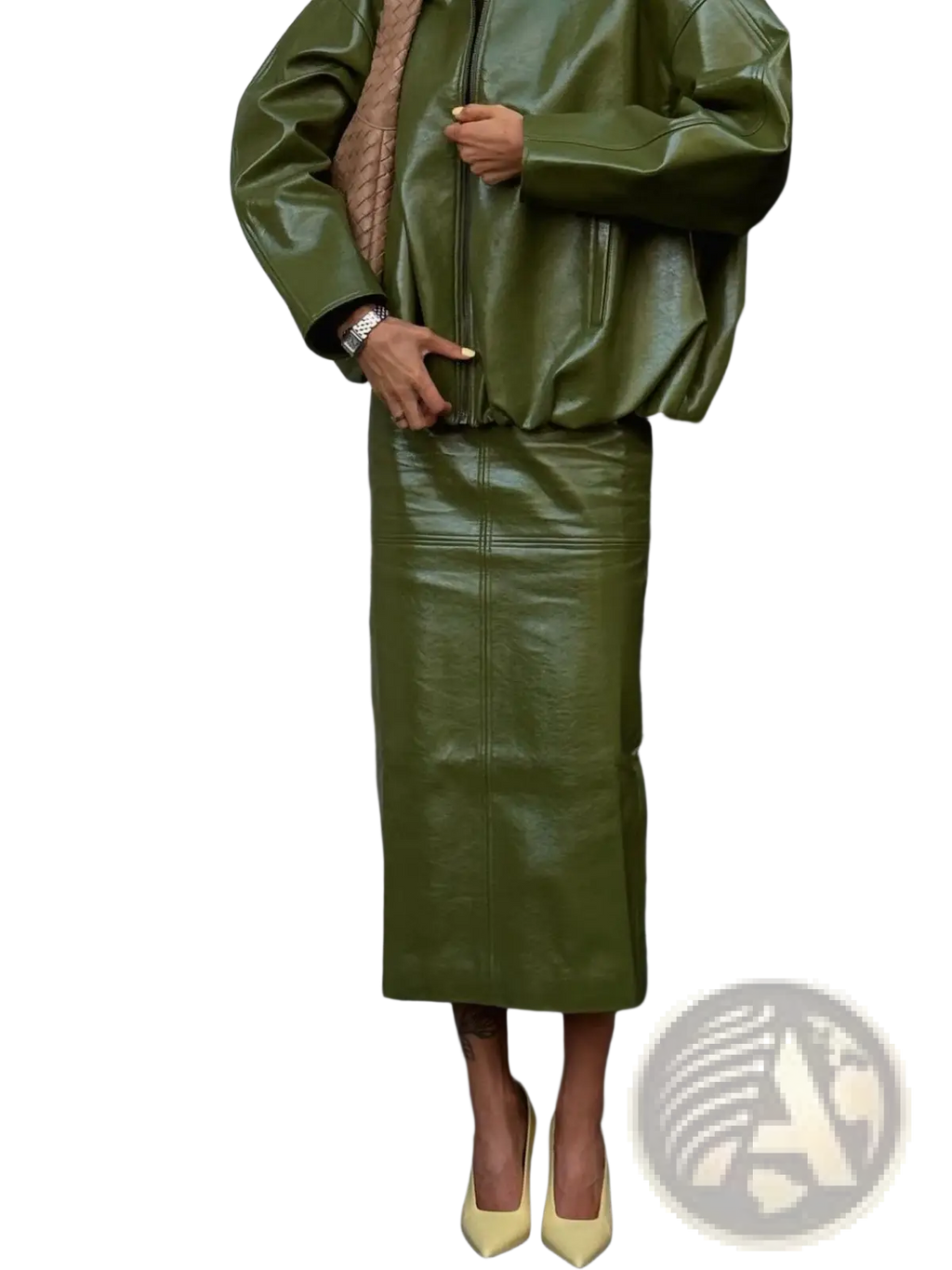 Olive green faux leather bomber jacket with central zipper and ribbed cuffs in olive green patent leather jacket set