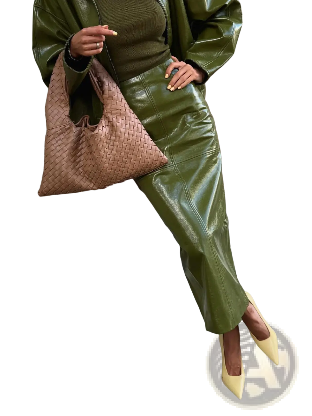 Olive green patent leather high waisted midi skirt with front seam detailing from a jacket and skirt set