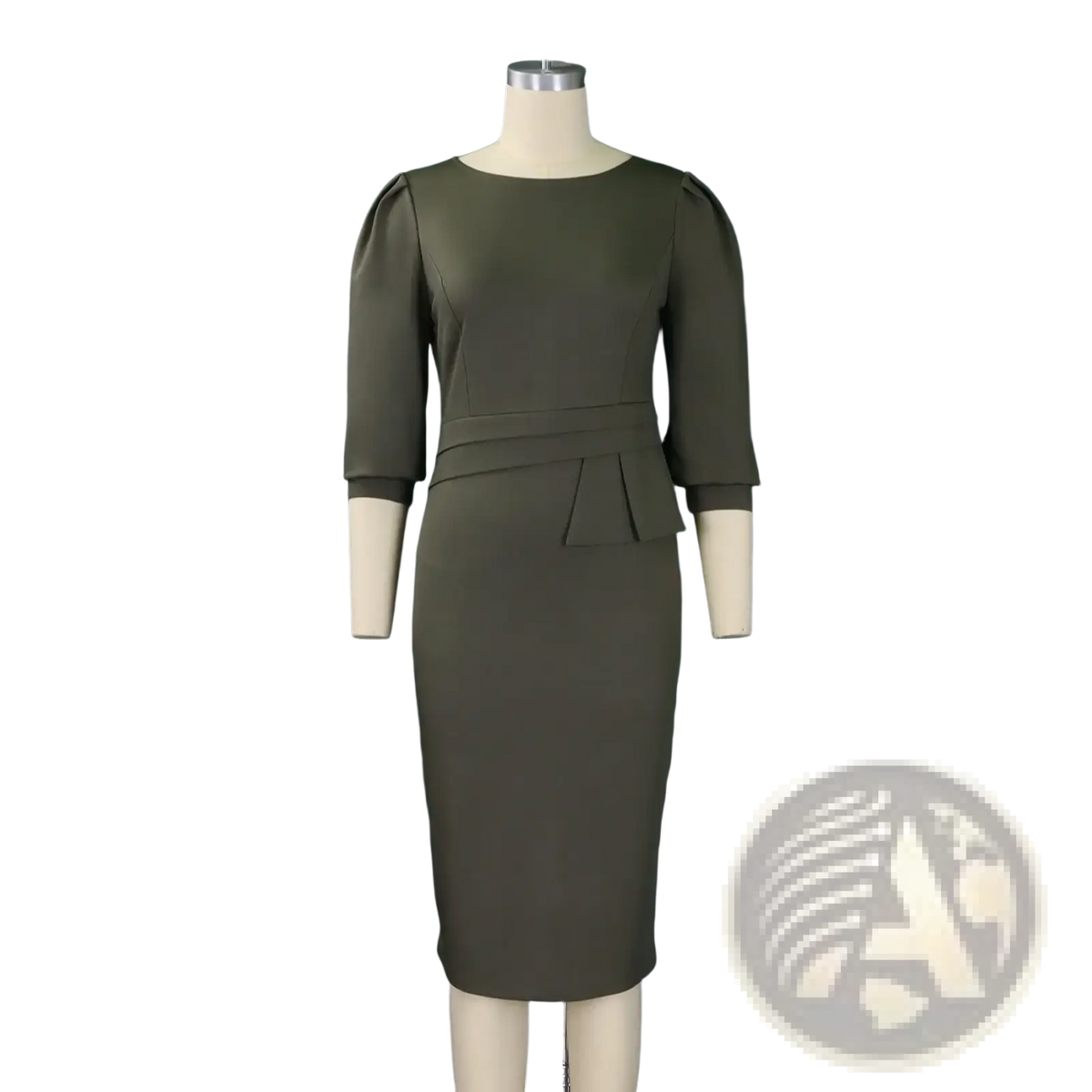 Olive green fitted midi dress with three-quarter puff sleeves and peplum waist detail for workwear