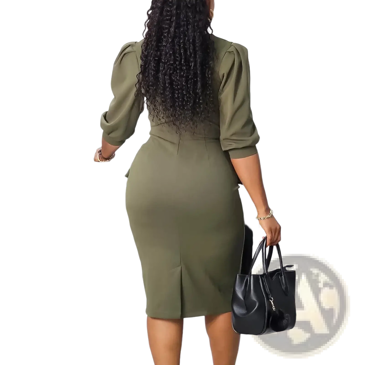 Olive green fitted peplum midi dress with puffed sleeves and central front seam ideal for workwear