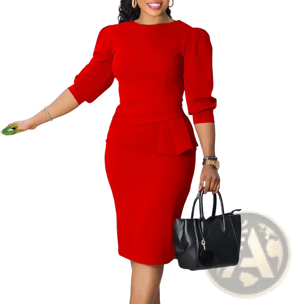 A vibrant red form-fitting midi dress with three-quarter puff sleeves and a peplum waistline for workwear