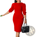 A vibrant red form-fitting midi dress with three-quarter puff sleeves and a peplum waistline for workwear