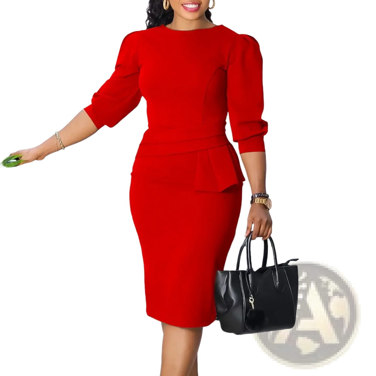 A vibrant red form-fitting midi dress with three-quarter puff sleeves and a peplum waistline for workwear