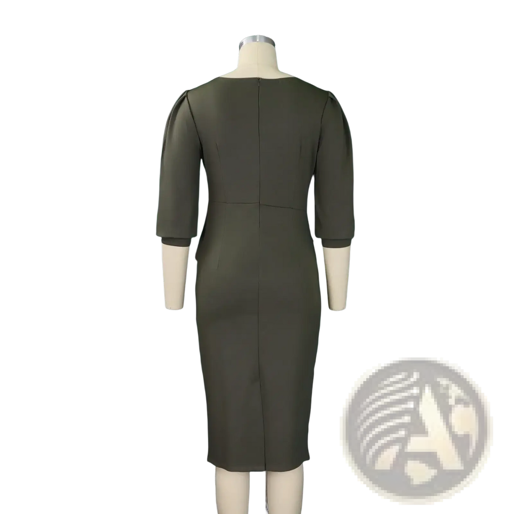 A sleek olive green pencil dress with three-quarter sleeves and fitted silhouette displayed on a mannequin