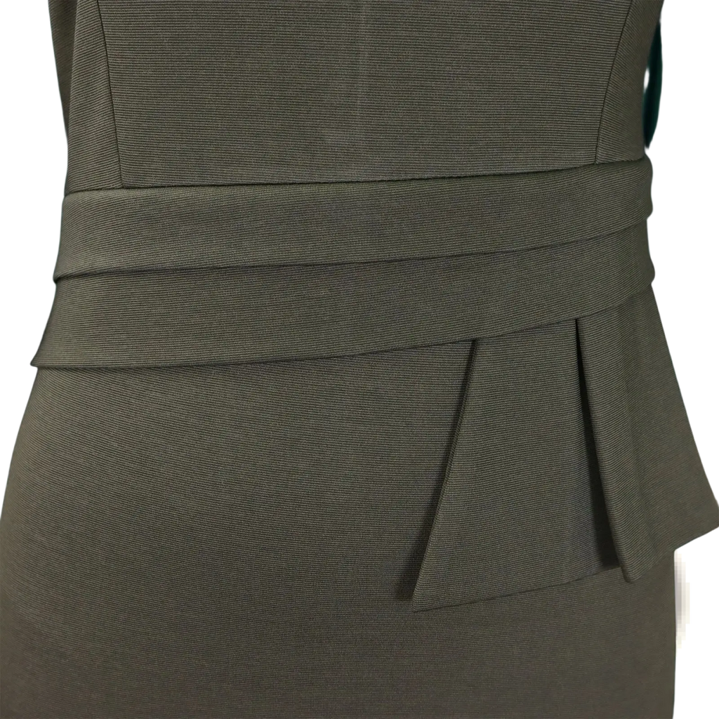 Olive green peplum work midi dress with tailored gray textured herringbone weave and cinched pleated waistband