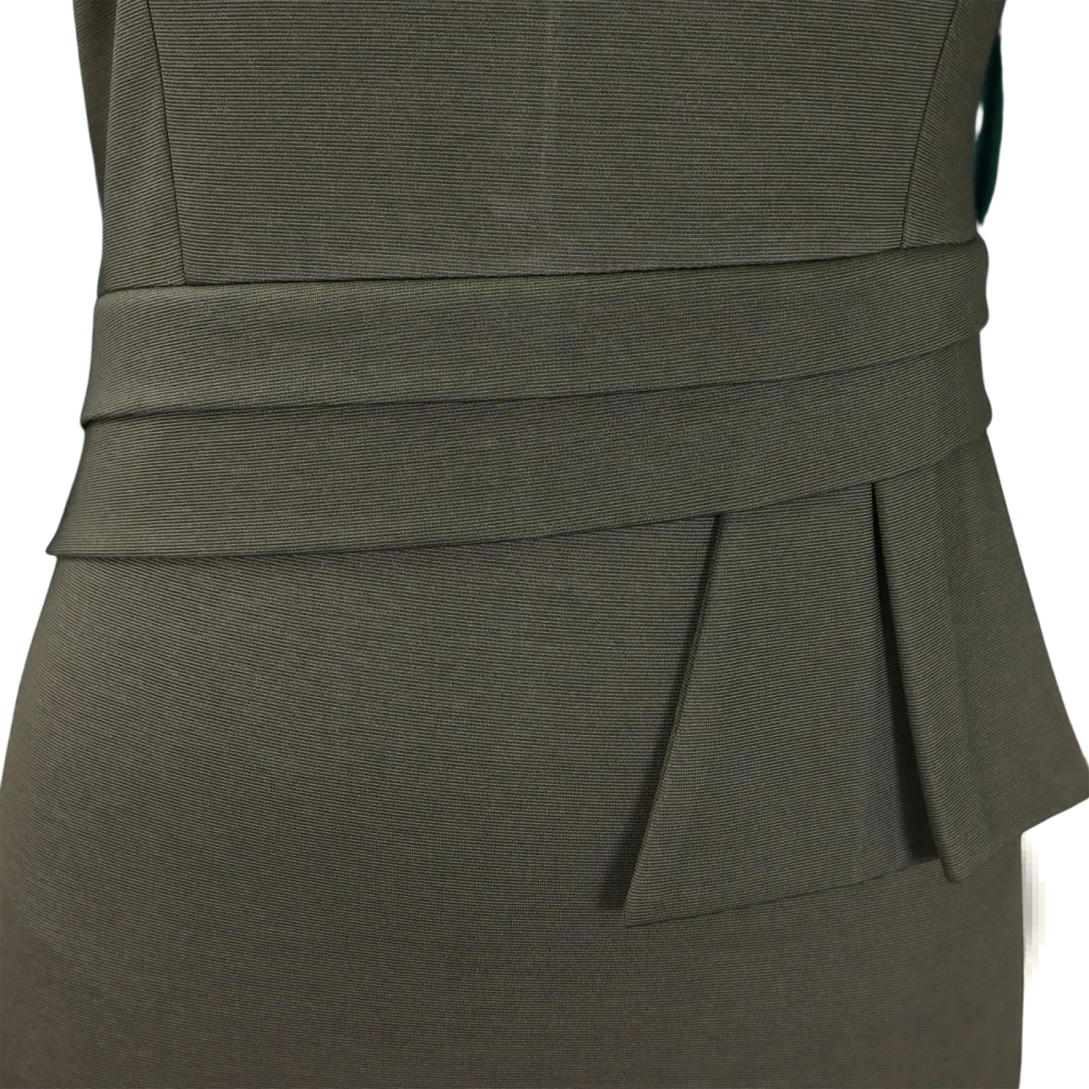 Olive green peplum work midi dress with tailored gray textured herringbone weave and cinched pleated waistband